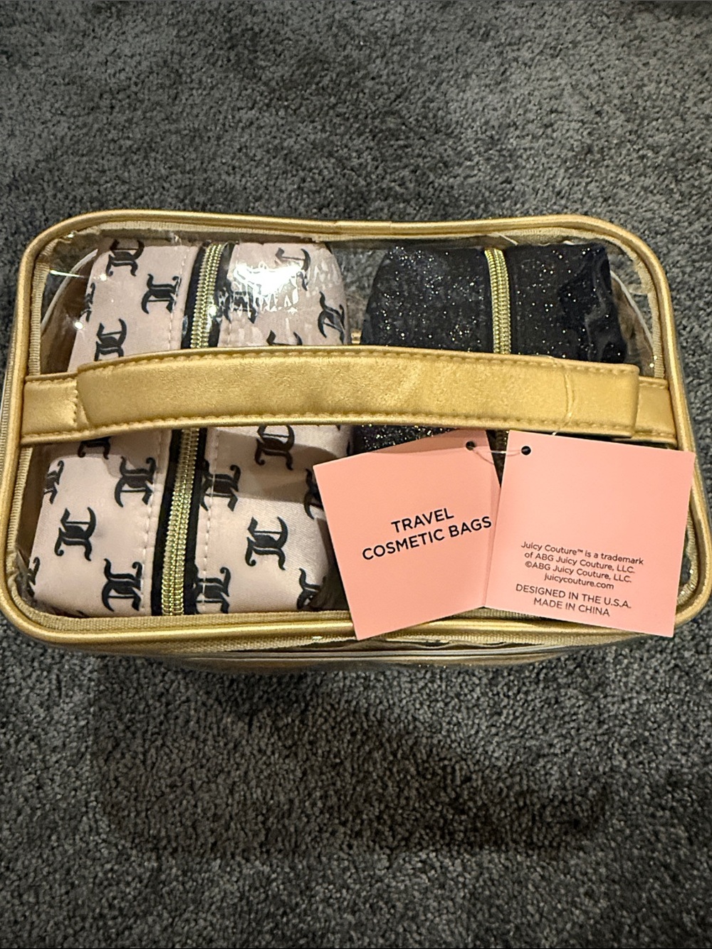 Juicy Couture Clear Gold Cosmetic Case with Pink Logo & Black Sparkle Pouches